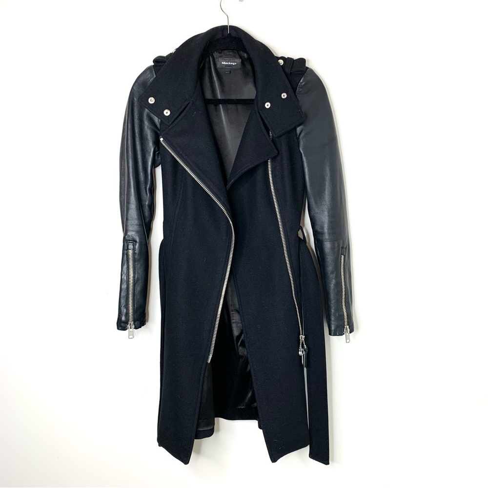 Mackage Women's Dale Wool Trench Coat Asymmetrical Leather Sleeves Size XXS - Picture 2 of 16